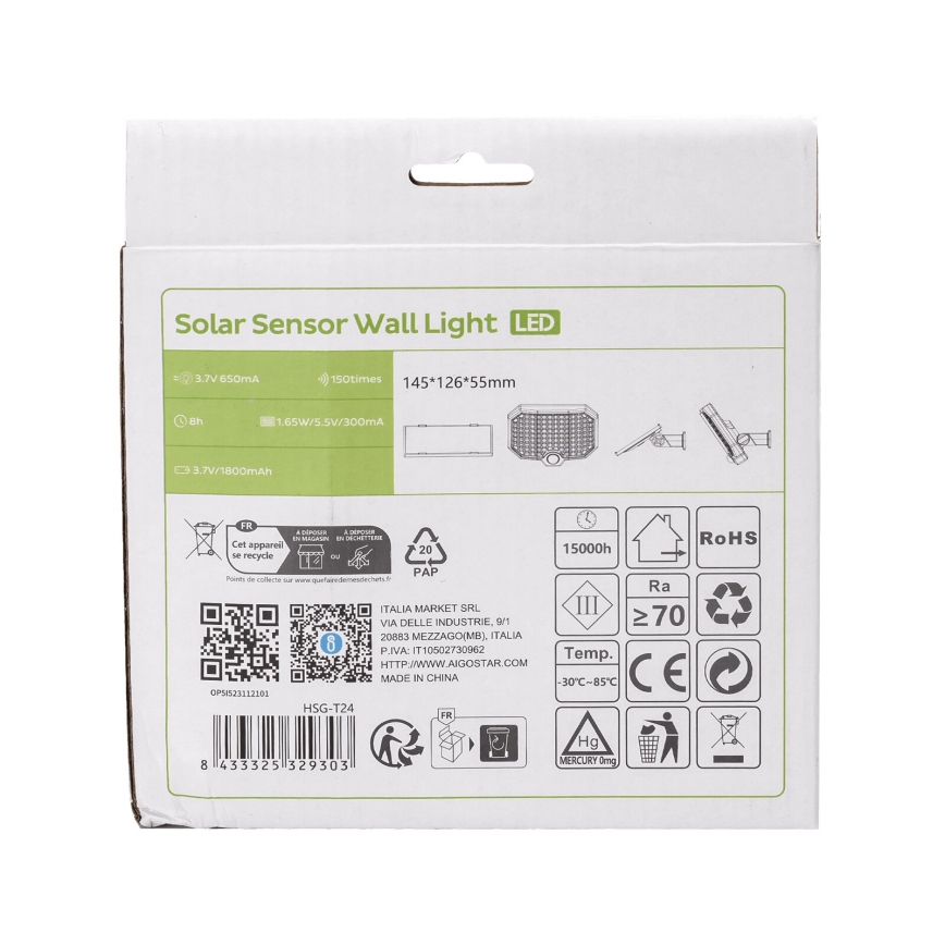 Aigostar - LED Aurinkokennovalo liiketunnistimella LED/2,4W/3,7V IP65