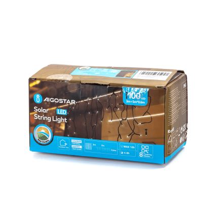 Aigostar - LED aurinkokäyttöinen joulukoristevalosarja 100xLED/8 toimintoa 8x0,6m 500 mAh IP65 kylmä valkoinen