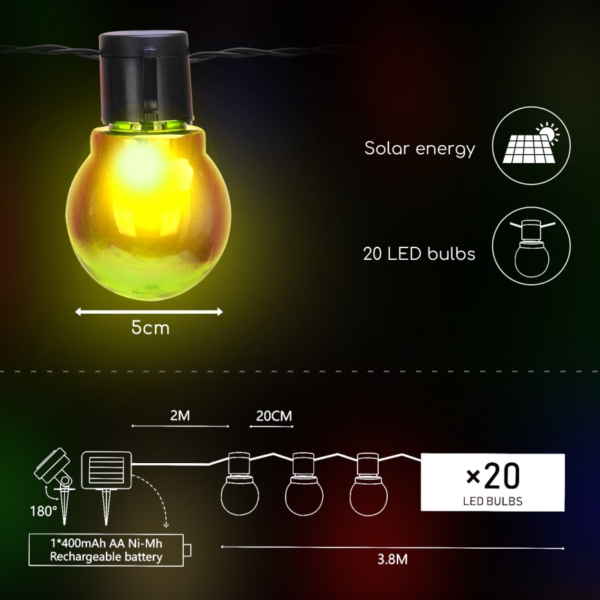 Aigostar - LED Aurinkoketju 20xLED/5,8m IP44 monivärinen