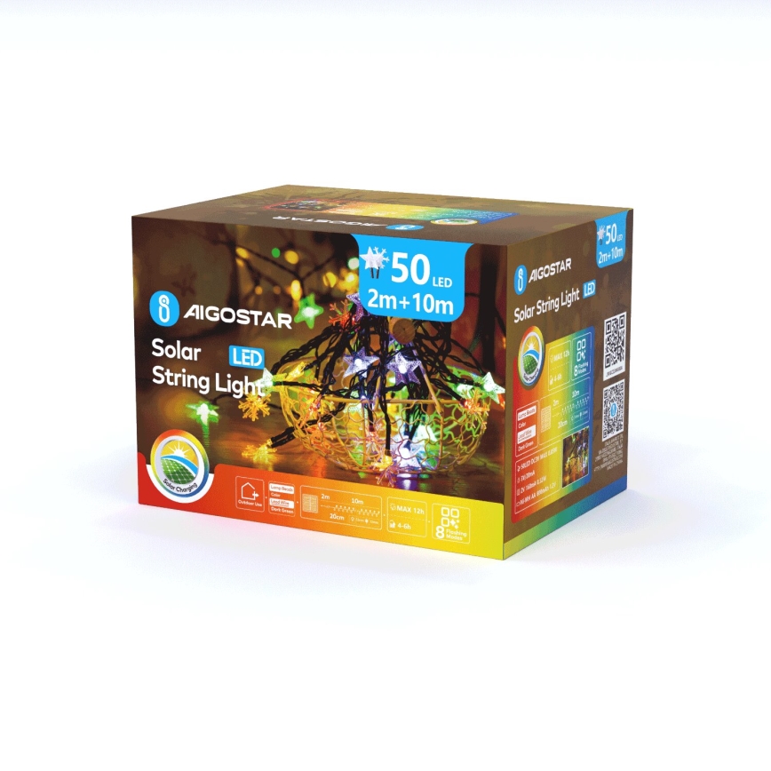 Aigostar - LED aurinkokäyttöinen joulukoristevalosarja 50xLED/8 toimintoa 800 mAh 12m IP65 monivärinen