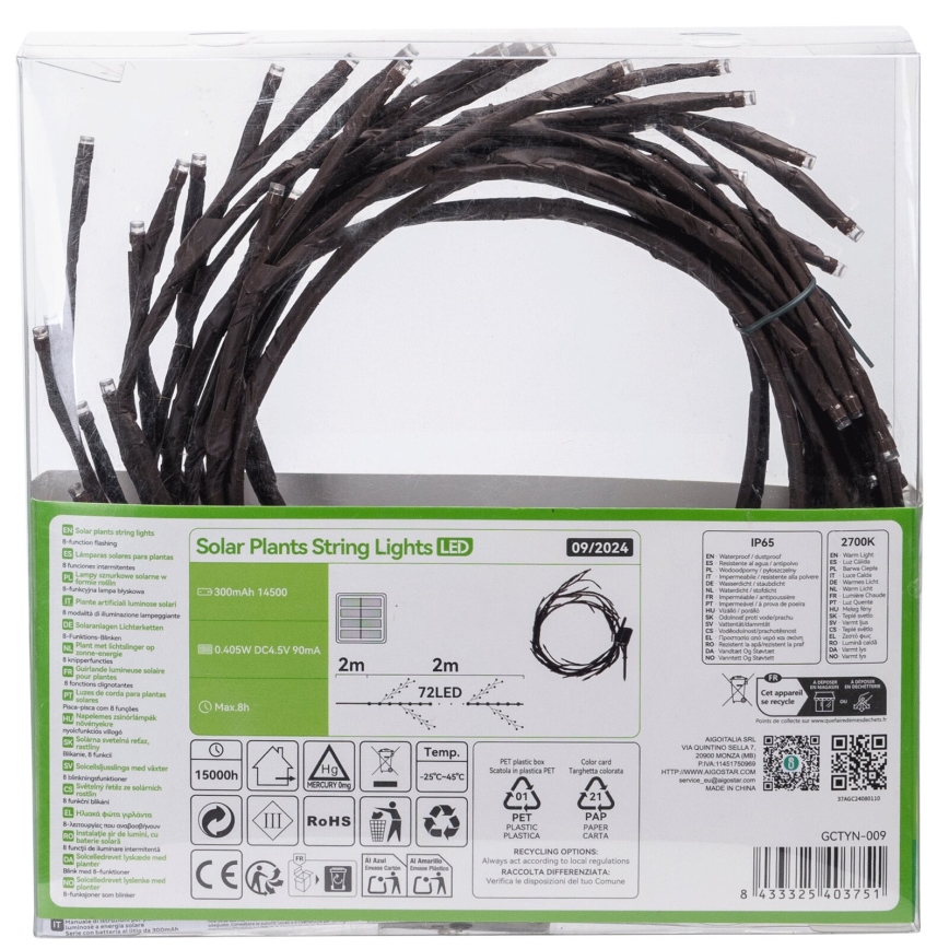 Aigostar - LED-aurinkoketju 72xLED/4m IP65 300 mAh lämpimänvalkoinen puun oksat