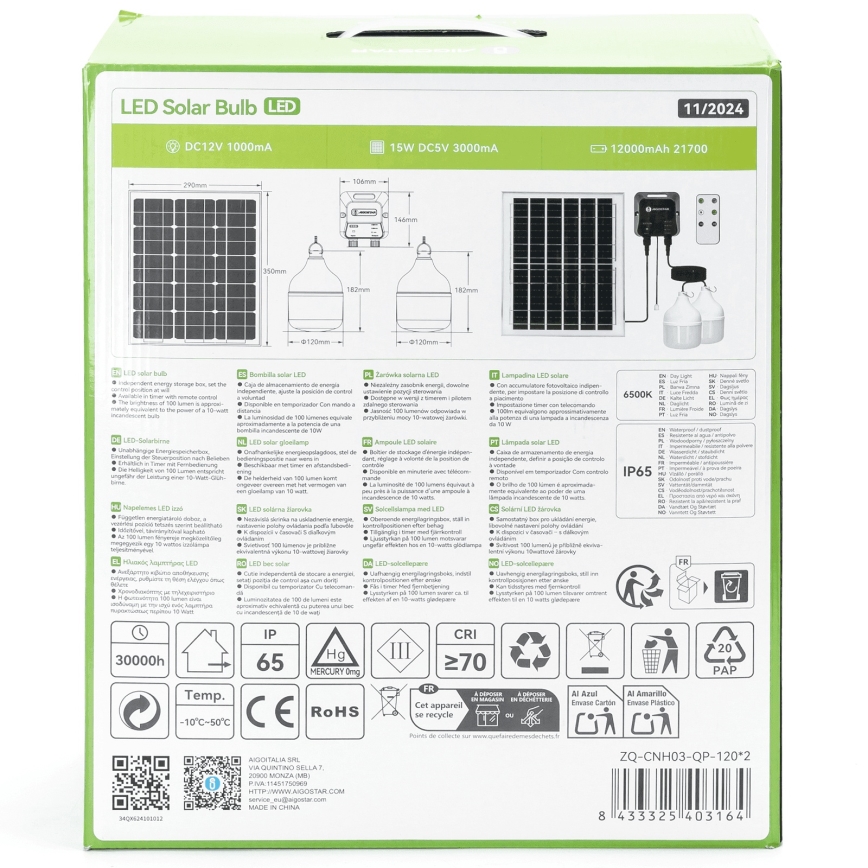 Aigostar - LED-aurinkokruunu 2xLED/70W/12V 12000 mAh 6500K halkaisija 12 cm + kauko-ohjaus