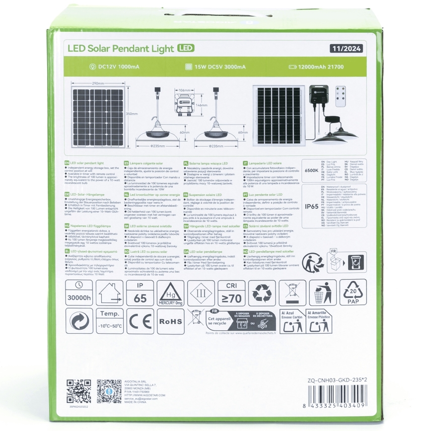 Aigostar - LED-aurinkokruunu 2xLED/70W/12V 12000 mAh 6500K halkaisija 23,5 cm + kauko-ohjaus
