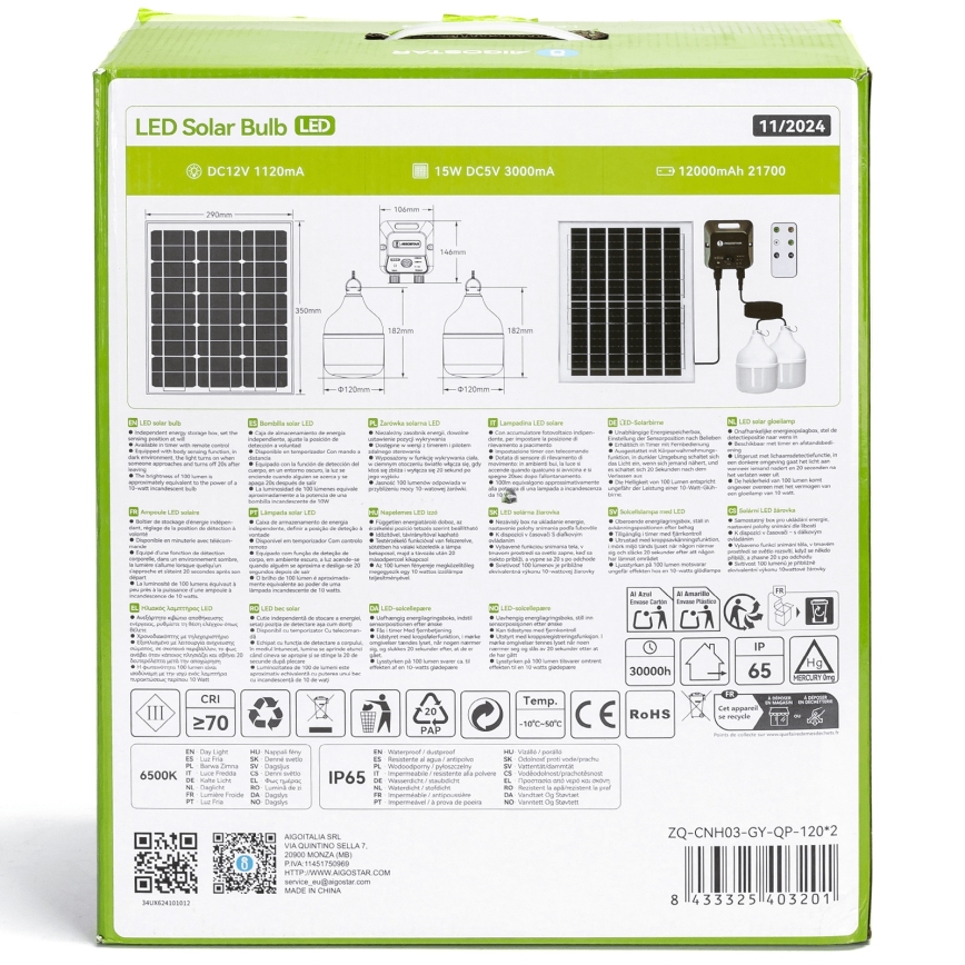 Aigostar - LED-aurinkokruunu anturilla 2xLED/70W/12V 12000 mAh 6500K halkaisija 12 cm + kauko-ohjaus