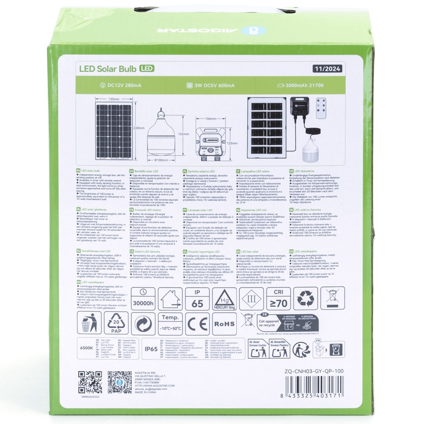 Aigostar - LED-aurinkokruunu anturilla LED/35W/12V 3000 mAh 6500K halkaisija 10 cm + kauko-ohjaus