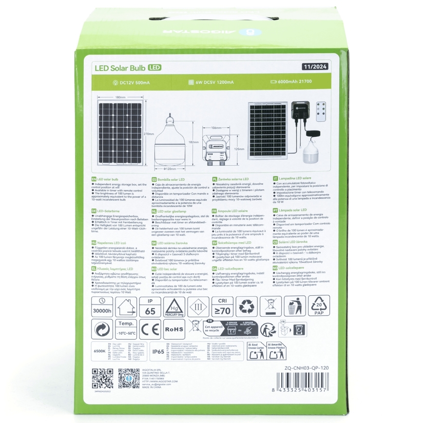 Aigostar - LED-aurinkokruunu LED/70W/12V 6000 mAh 6500K halkaisija 12 cm + kauko-ohjaus