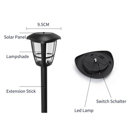 Aigostar - LED-aurinkolamppu LED/0,06W/2V 100 mAh 33,8 cm 6500K IP44 musta