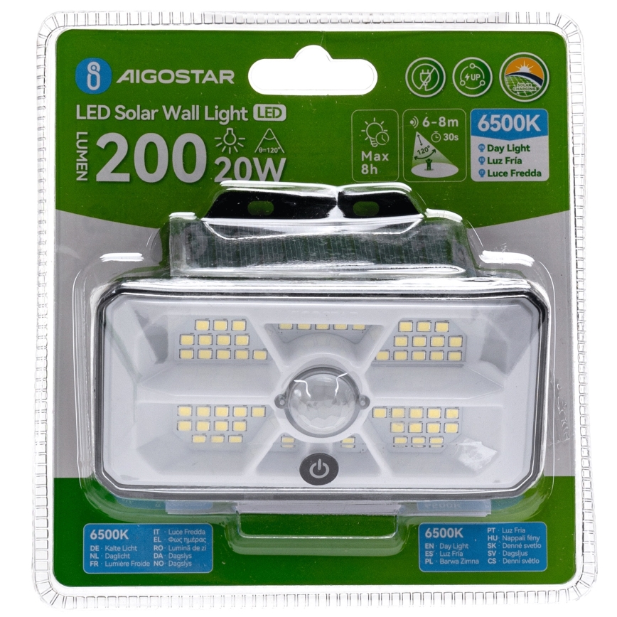 Aigostar - LED-aurinkovalaisin tunnistimella LED/3,7V 6500K 500 mAh IP65 musta