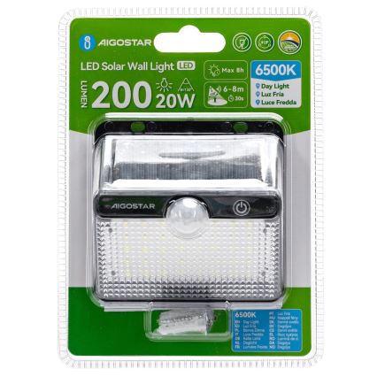 Aigostar - LED-aurinkovalaisin tunnistimella LED/3,7V 6500K 1200 mAh IP65 musta