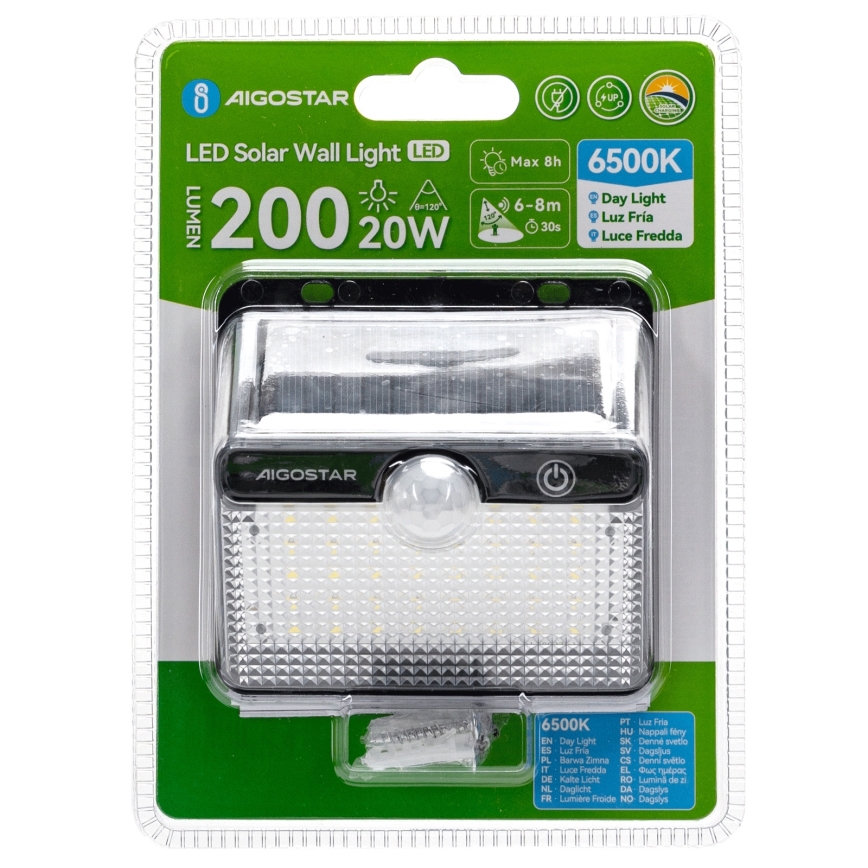 Aigostar - LED-aurinkovalaisin tunnistimella LED/3,7V 6500K 1200 mAh IP65 musta