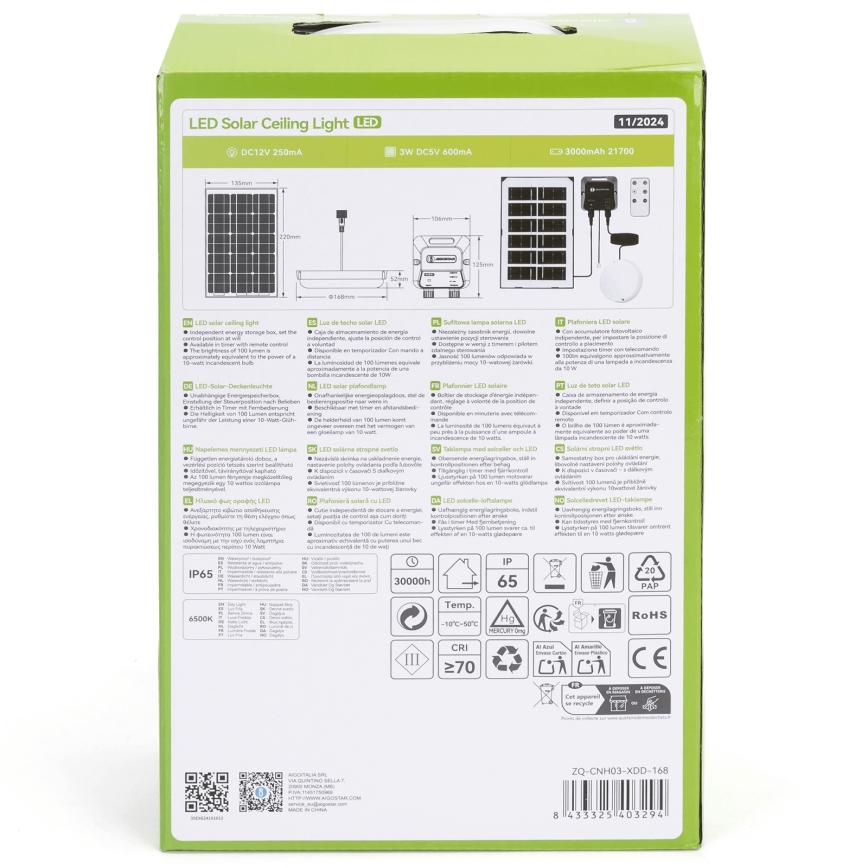 Aigostar - LED-aurinkovalaistus LED/35W/12V 3000 mAh 6500K halkaisija 16,8 cm + kauko-ohjaus