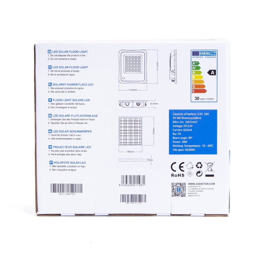 Aigostar - LED Himmennettävä aurinko valonheitin LED/30W/3,2V IP67 + kaukosäädin