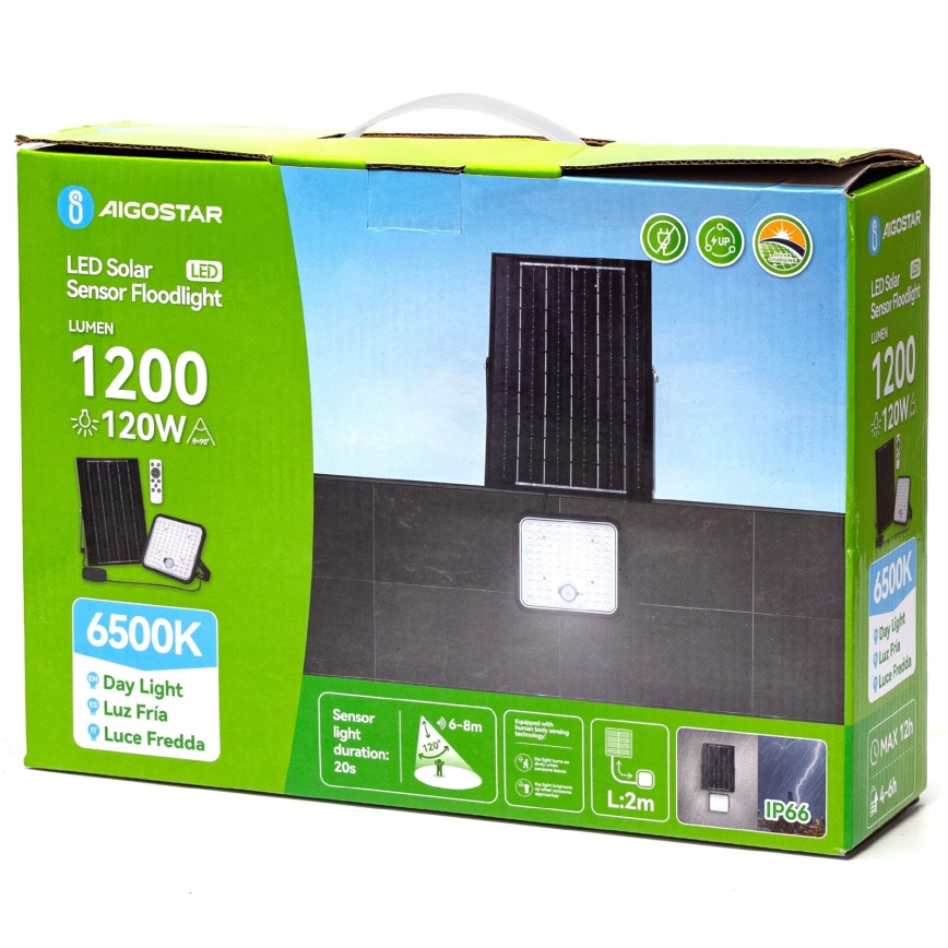 Aigostar - LED Himmennettävä aurinkokenno valonheitin anturilla LED/120W/3,4V 6500K IP66 + kauko-ohjaus