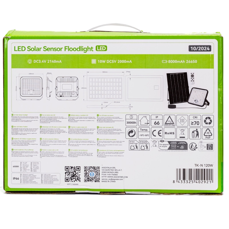 Aigostar - LED Himmennettävä aurinkokenno valonheitin anturilla LED/120W/3,4V 6500K IP66 + kauko-ohjaus