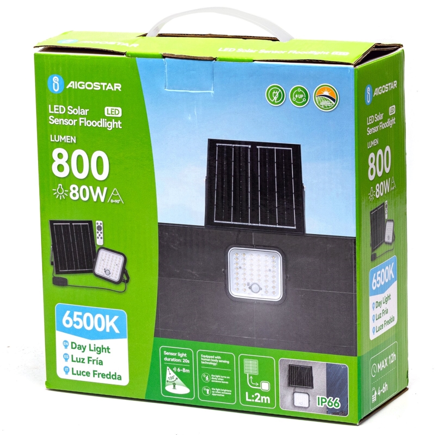 Aigostar - LED Himmennettävä aurinkokenno valonheitin anturilla LED/80W/3,4V 6500K IP66 + kauko-ohjaus