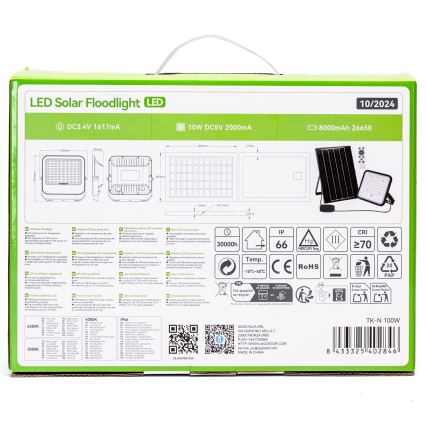 Aigostar - LED Himmennettävä aurinkokenno valonheitin LED/100W/3,4V 3000/4000/6500K IP66 + kauko-ohjaus