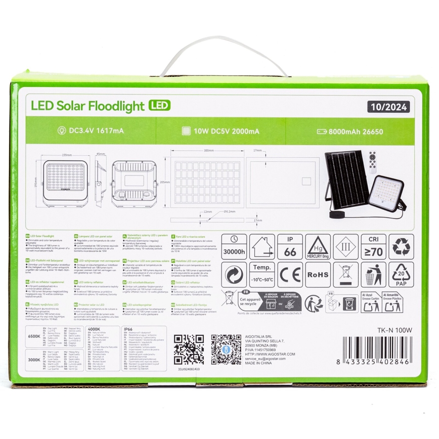 Aigostar - LED Himmennettävä aurinkokenno valonheitin LED/100W/3,4V 3000/4000/6500K IP66 + kauko-ohjaus