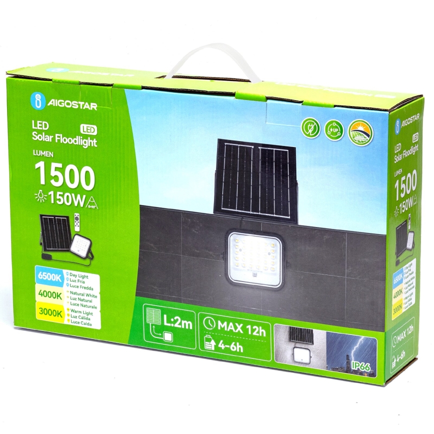 Aigostar - LED Himmennettävä aurinkokenno valonheitin LED/150W/3,4V 3000/4000/6500K IP66 + kauko-ohjaus