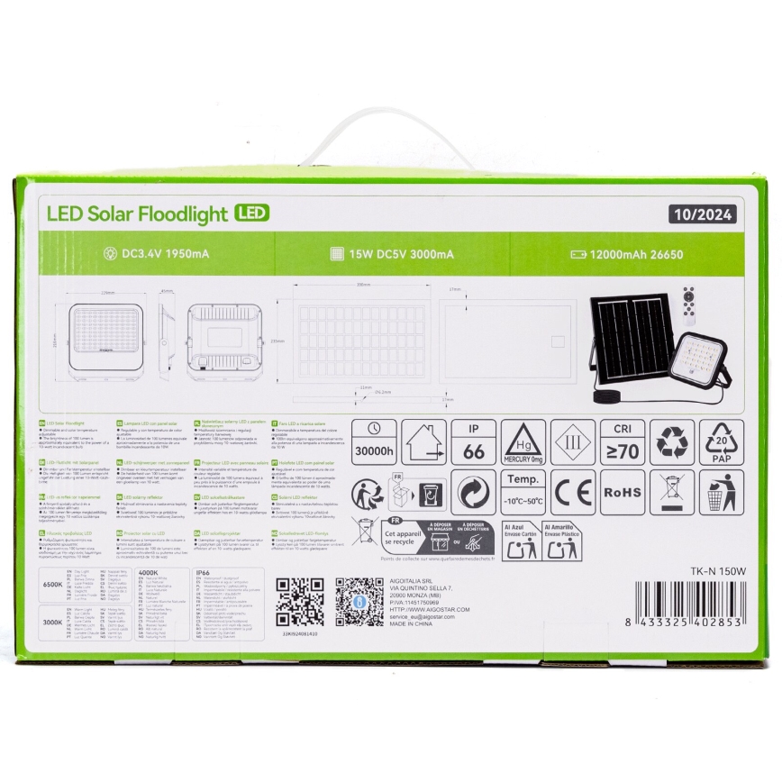 Aigostar - LED Himmennettävä aurinkokenno valonheitin LED/150W/3,4V 3000/4000/6500K IP66 + kauko-ohjaus