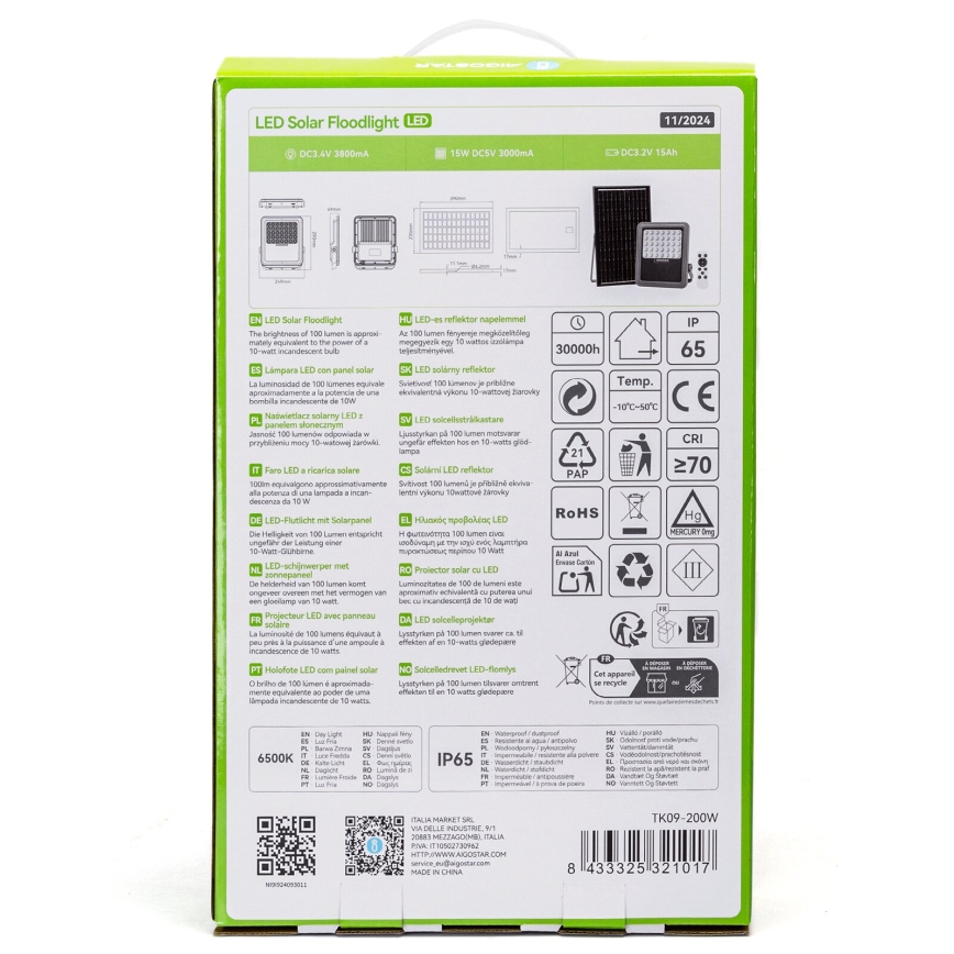 Aigostar - LED Himmennettävä aurinkokenno valonheitin LED/200W/3,4V IP65 + kauko-ohjaus