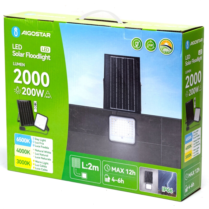 Aigostar - LED Himmennettävä aurinkokenno valonheitin LED/200W/3,4V 3000/4000/6500K IP66 + kauko-ohjaus