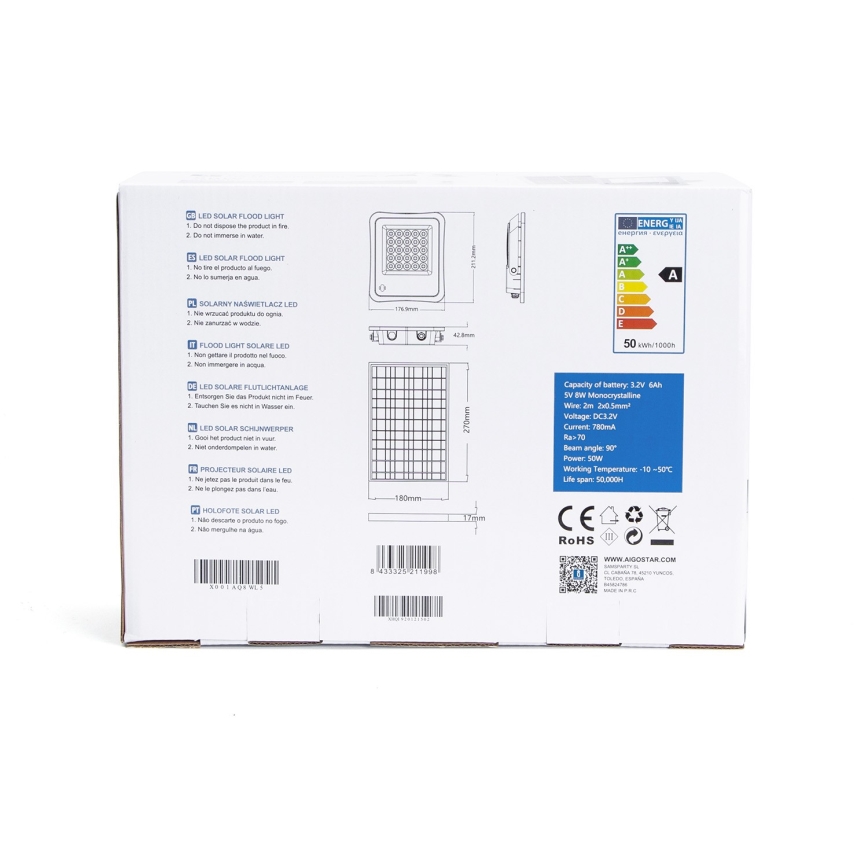 Aigostar - LED Himmennettävä aurinkokenno valonheitin LED/50W/3,2V IP65 6000 mAh + +kaukosäädin