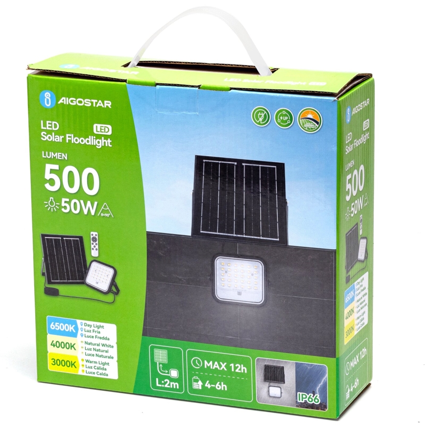 Aigostar - LED Himmennettävä aurinkokenno valonheitin LED/50W/3,4V 3000/4000/6500K IP66 + kauko-ohjaus