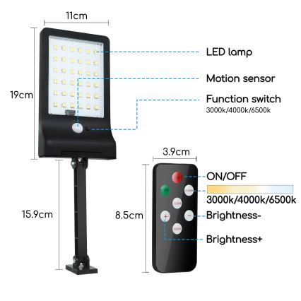 Aigostar - LED Himmennettävä aurinkokennolamppu anturilla LED/2,3W/5,5V IP65 + kauko-ohjaus
