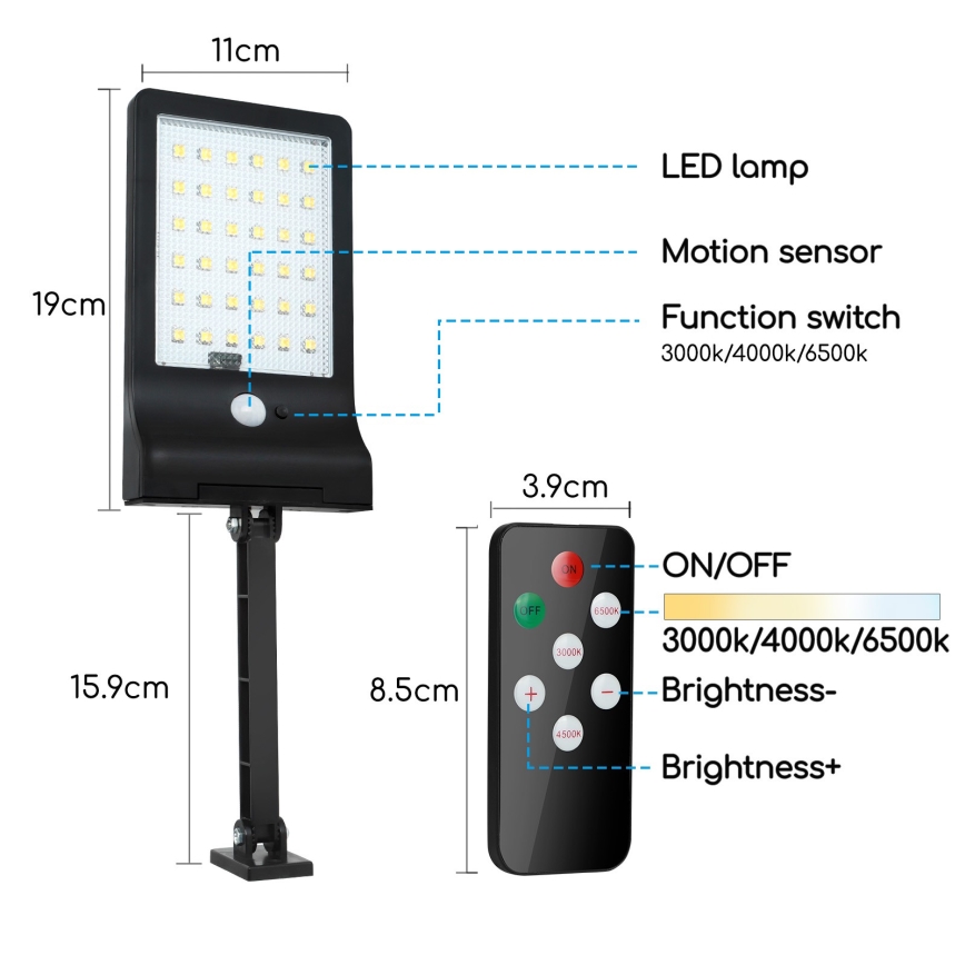 Aigostar - LED Himmennettävä aurinkokennolamppu anturilla LED/2,3W/5,5V IP65 + kauko-ohjaus