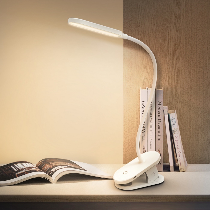 Aigostar - LED Himmennettävä ja ladattava pöytälamppu klipsillä LED/2,5W/5V 1200mAh valkoinen