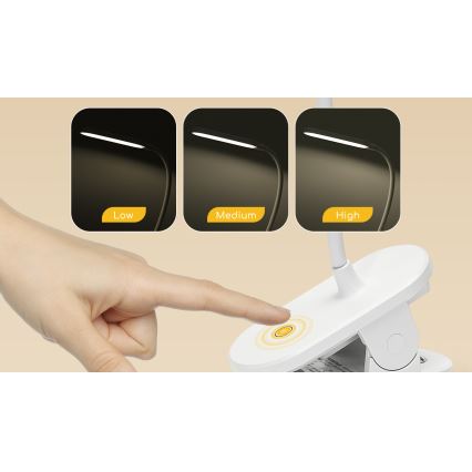 Aigostar - LED Himmennettävä ja ladattava pöytälamppu klipsillä LED/2,5W/5V 1200mAh valkoinen