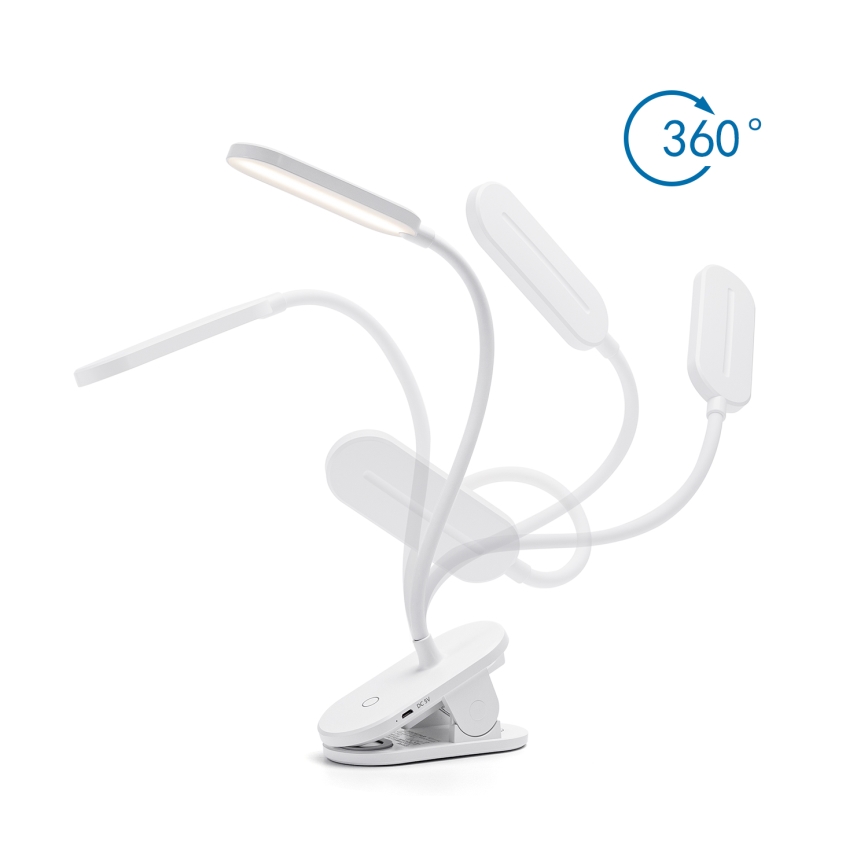 Aigostar - LED Himmennettävä ja ladattava pöytälamppu klipsillä LED/2,5W/5V 1200mAh valkoinen