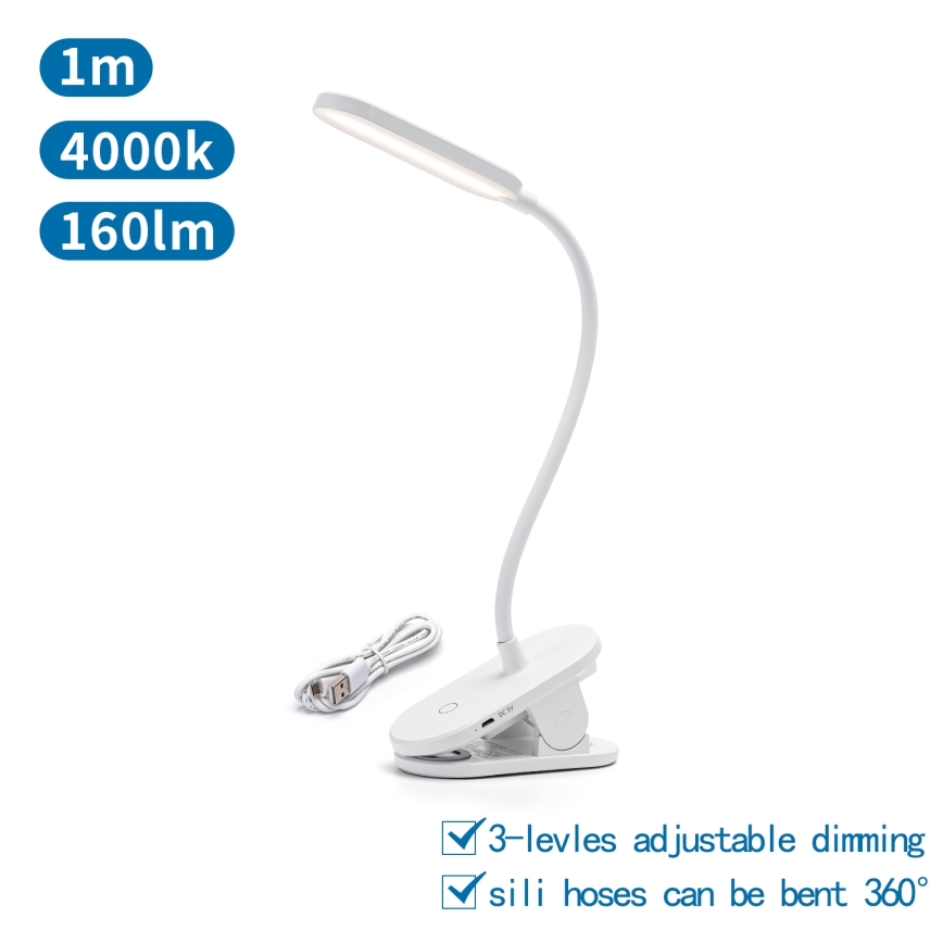 Aigostar - LED Himmennettävä ja ladattava pöytälamppu klipsillä LED/2,5W/5V 1200mAh valkoinen