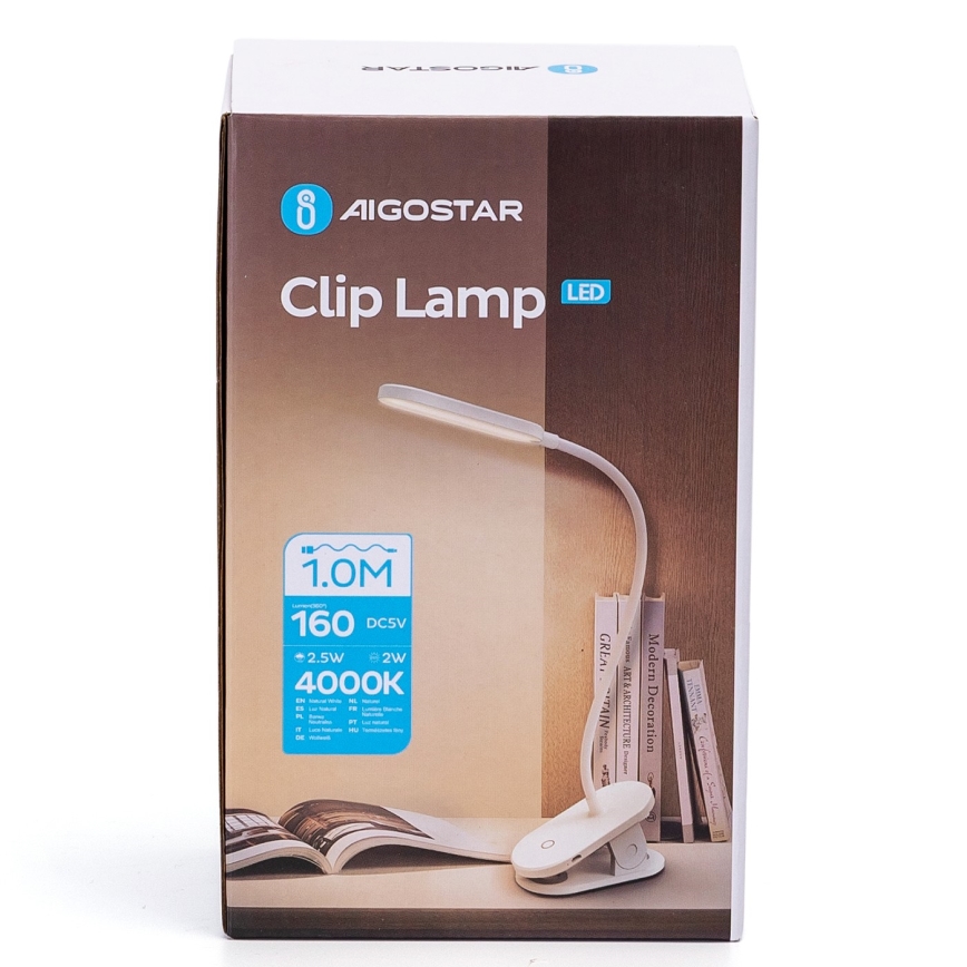 Aigostar - LED Himmennettävä ja ladattava pöytälamppu klipsillä LED/2,5W/5V 1200mAh valkoinen