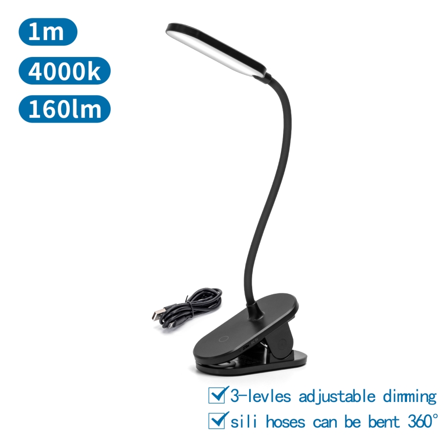 Aigostar - LED Himmennettävä ja ladattava pöytälamppu klipsillä LED/2,5W/5V musta