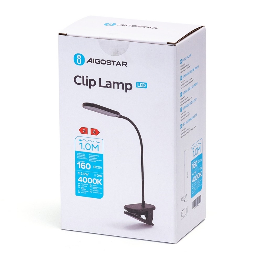 Aigostar - LED Himmennettävä ja ladattava pöytälamppu klipsillä LED/2,5W/5V musta