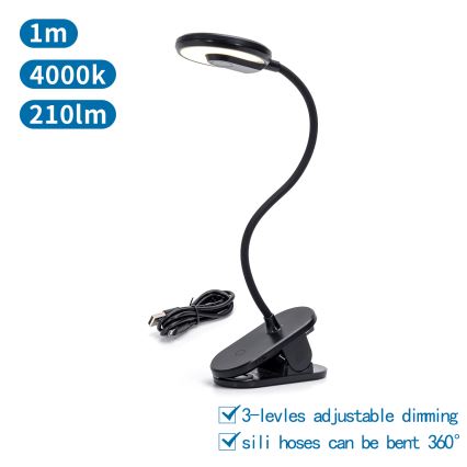 Aigostar - LED Himmennettävä ja ladattava pöytälamppu klipsillä LED/3W/5V 1800mAh musta