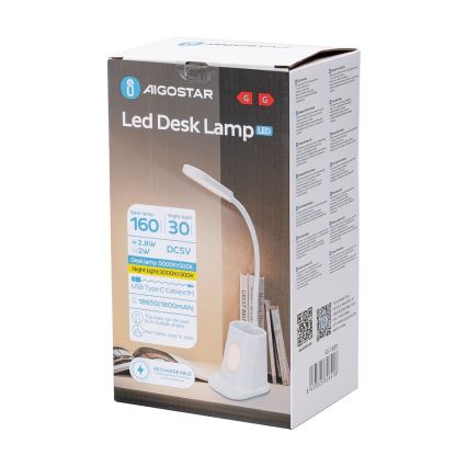 Aigostar - LED Himmennettävä ja ladattava pöytälamppu LED/2,8W/5V 1800mAh 3000/5000K valkoinen