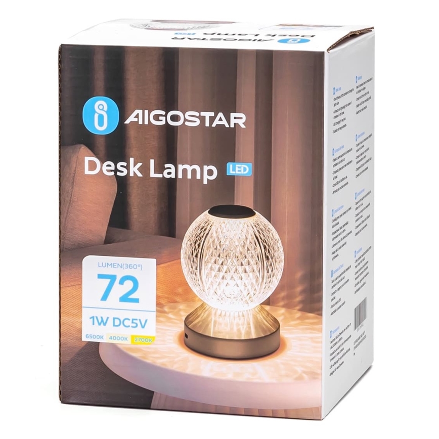 Aigostar - LED Himmennettävä ja ladattava pöytälamppu LED/1W/5V 2700/4000/6500K 1800mAh 13,5 cm