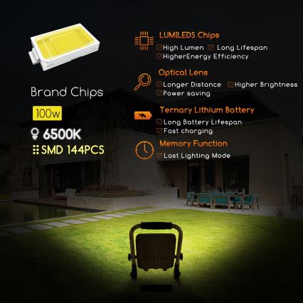 Aigostar - LED Himmennettävä ladattava valonheitin LED/100W/5V 6500K IP65 1500mAh