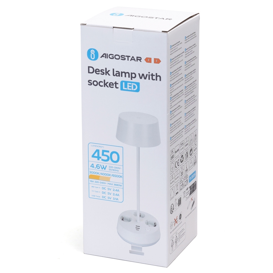 Aigostar - LED Himmennettävä pöytälampu, jossa pistorasiat ja USB LED/4,6W/230V 3000/4000/6500K valkoinen
