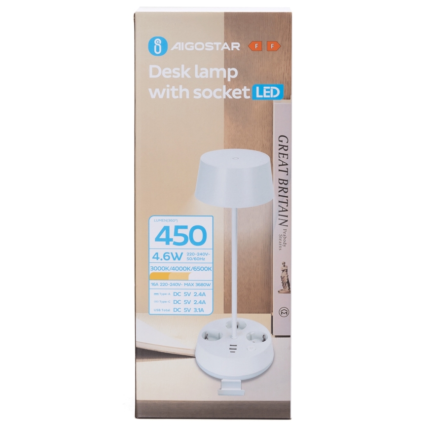 Aigostar - LED Himmennettävä pöytälampu, jossa pistorasiat ja USB LED/4,6W/230V 3000/4000/6500K valkoinen