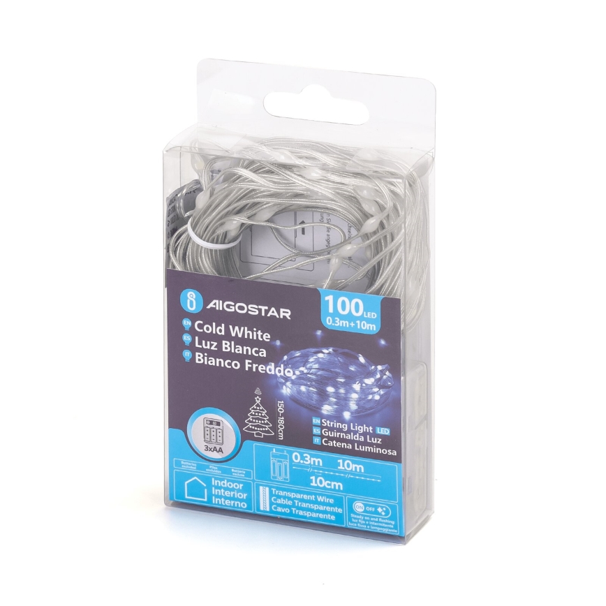 Aigostar - LED-jouluketju 100xLED/3xAA 10,3m kylmänvalkoinen