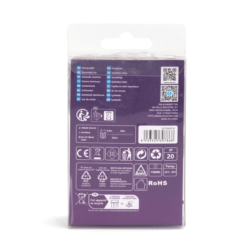 Aigostar - LED-jouluketju 100xLED/3xAA 10,3m kylmänvalkoinen