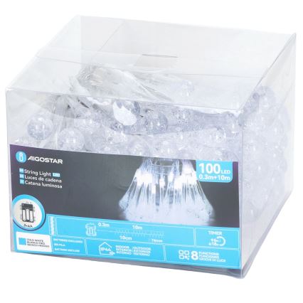 Aigostar - LED-ulkojouluvalosarja 100 LED/8 toimintoa 3xAA 10 m IP44 kylmänvalkoinen pisarat