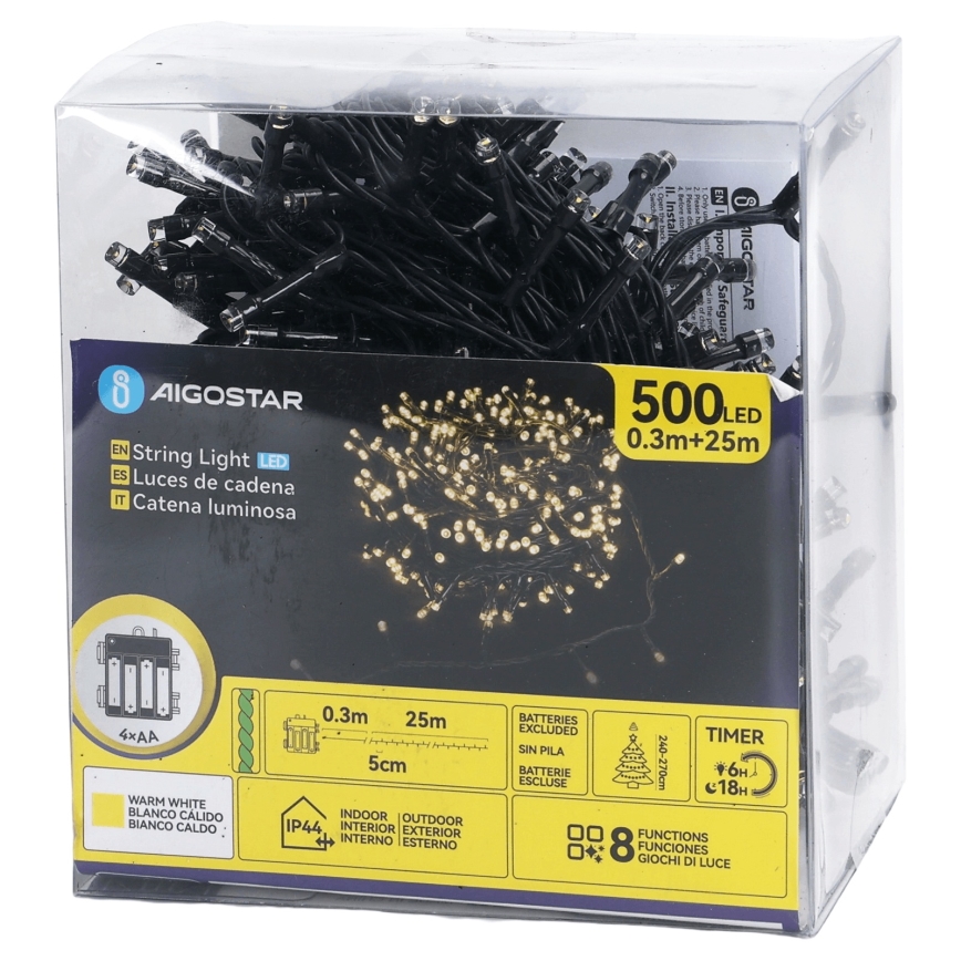 Aigostar - LED-ulkojouluvaloketju 500 LEDiä/8 toimintoa 4xAA 25,3 m IP44 lämmin valkoinen