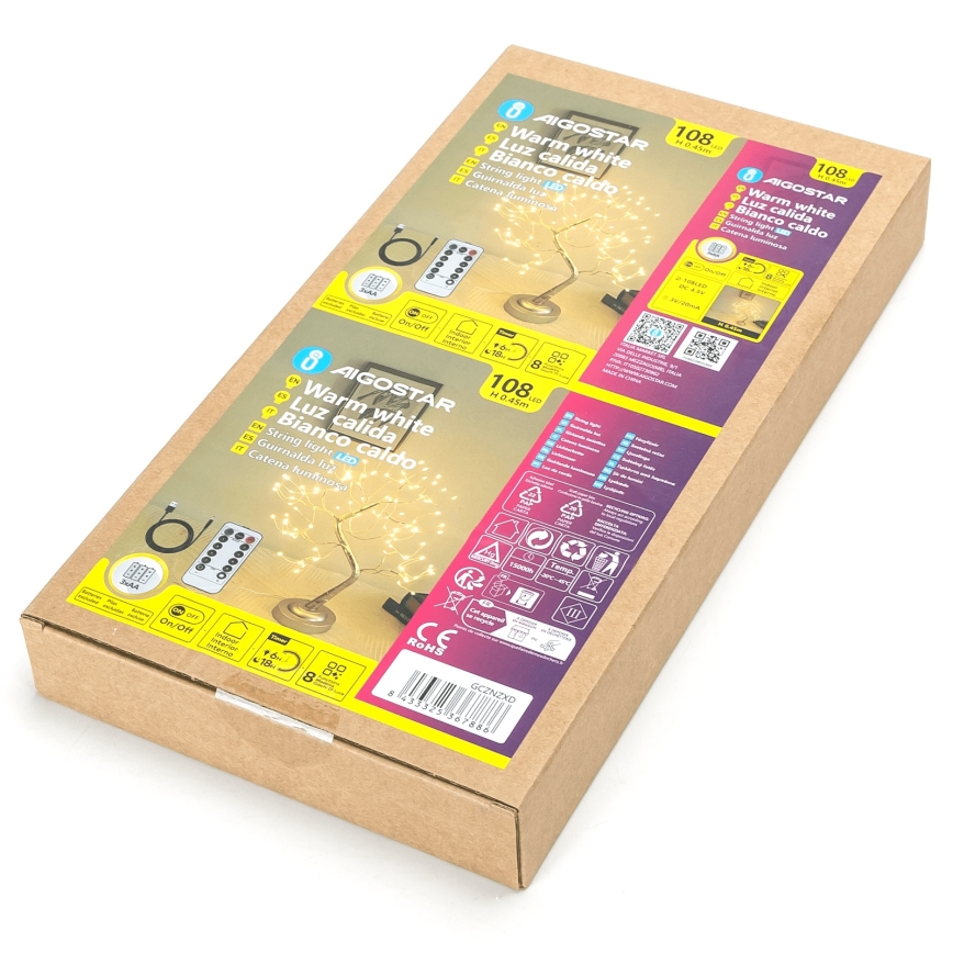 Aigostar - LED-joulukoriste, 108 LEDiä, 3× AA-paristolla, 8 toimintoa, 45 cm, lämmin valkoinen