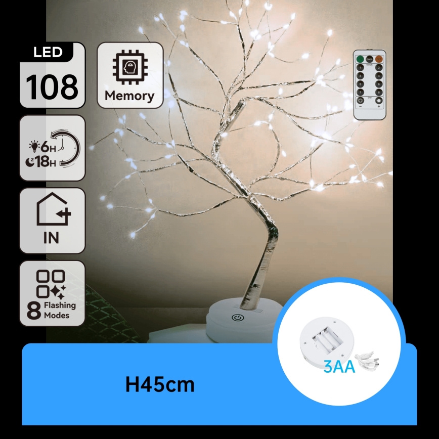 Aigostar - LED-joulukoriste 108xLED/3xAA/8 toimintoa 45 cm kylmänvalkoinen