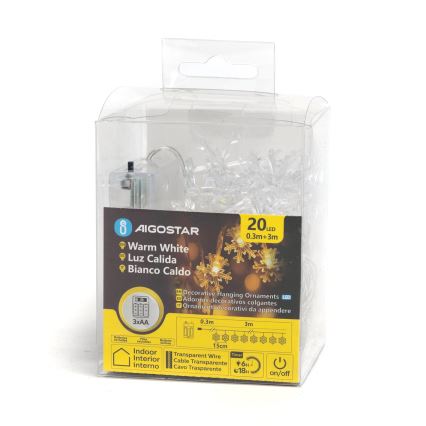 Aigostar - LED Joulukoristevalosarja 20xLED/3xAA 3,3m lumihiutaleet