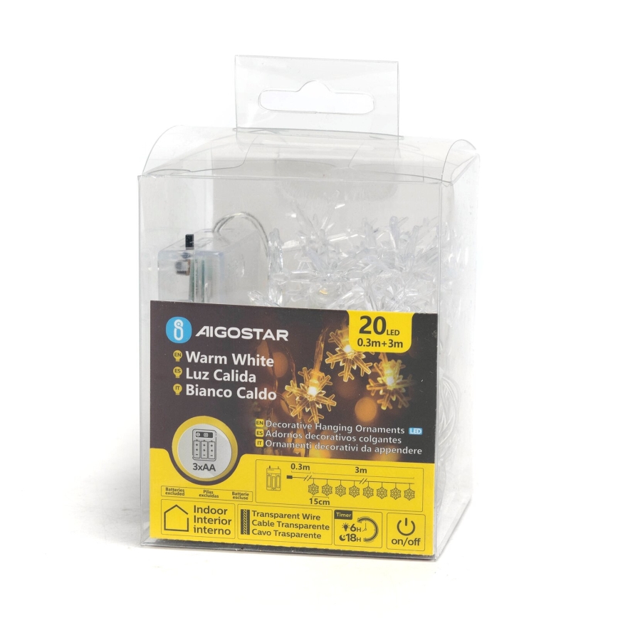 Aigostar - LED Joulukoristevalosarja 20xLED/3xAA 3,3m lumihiutaleet